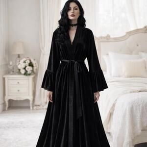 Whimsigoth Black Velvet Robe Kimono Sexy Lingerie Burlesque Vintage Style Long